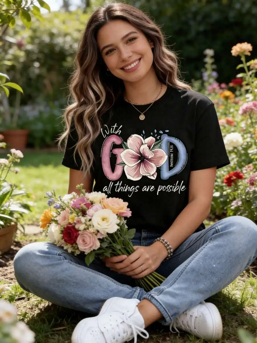 Women Crew Neck Short‑Sleeve T‑Shirt, God All Things Are Possible Floral Graphic Print, Christian Faith Inspired Casual Daily Tee Tops