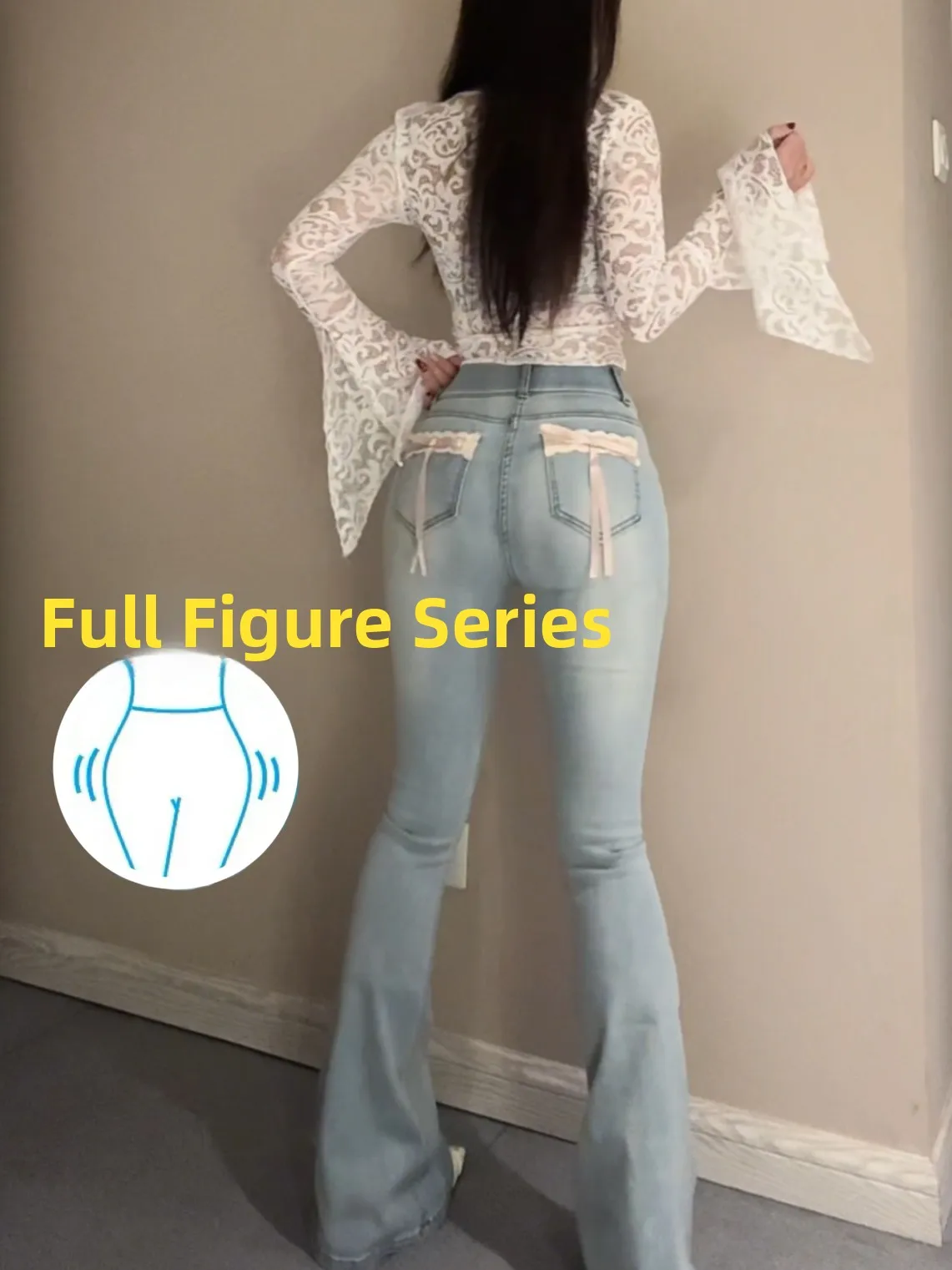 

Новые джинсы-клеш 2025 года с кружевными вставками, подчеркивающие бедра, светло-голубые, эластичные, облегающие, сексуальные, с высокой талией, повседневные