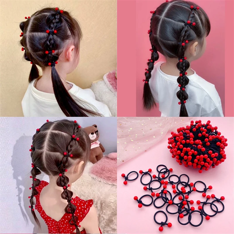 10PC/Set Children's Elastic Rubber Hair Bands for Girls Red Beans Ponytail Holders Hair Rope Ties Hair Accessories Wholesale