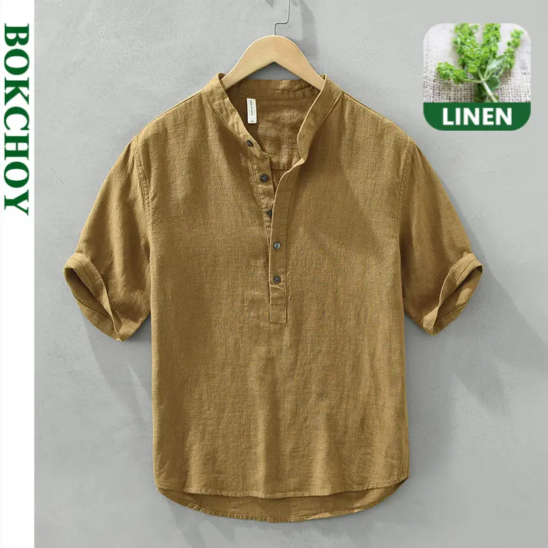 Letnia nowa lniana bawełniana koszula pulowerowa dla mężczyzn Odzież Vintage Streetwear z krótkim rękawem C2559