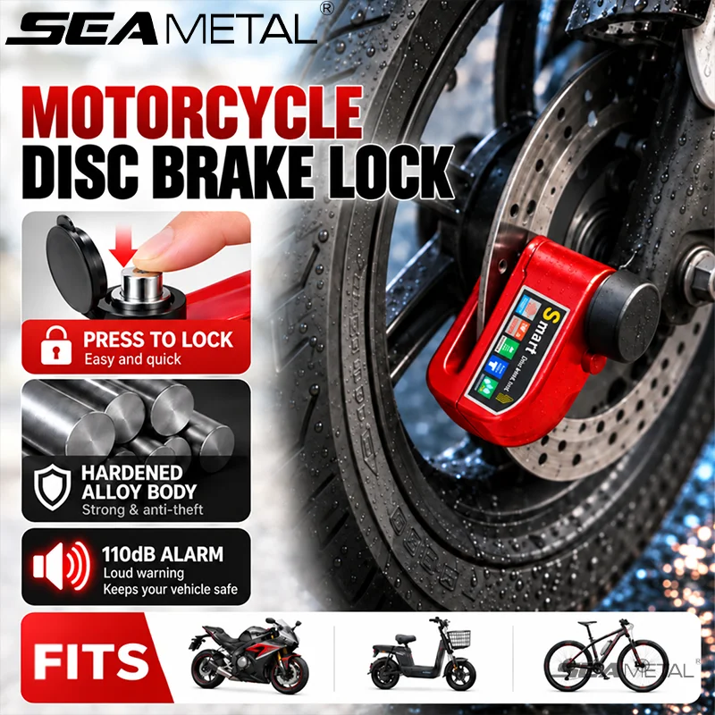 SEAMETAL Motorcycle Disc Brake Lock Alarm Anti Theft Waterproof Alloy Vibration Sensor Security Lock for Scooter Bike Accessory