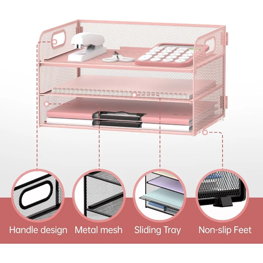 منظم ورق من 3 طبقات مع مقبض لتخزين المكتب، صينية رسائل بتصميم شبكي لملفات A4 والوثائق، ملف سطح المكتب الوردي المدمج #4