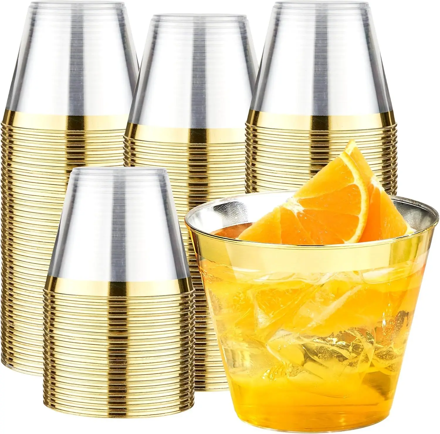 100 Pack 9 oz Gold Plastic Cups Tumbler, Disposable Cups with Gold Rim for Party, Heavy-duty Clear Plastic Wine Glasses