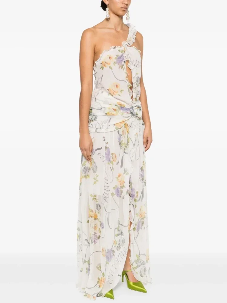 เดรสยาวลายพิมพ์เปิดไหล่ข้างเดียวสำหรับฤดูร้อน ดีไซน์เว้าหลัง แขนกุด แต่งระบายดอกไม้ ผ่าข้าง ทรงเข้ารูป เหมาะสำหรับงานปาร์ตี้ตอนเย็น