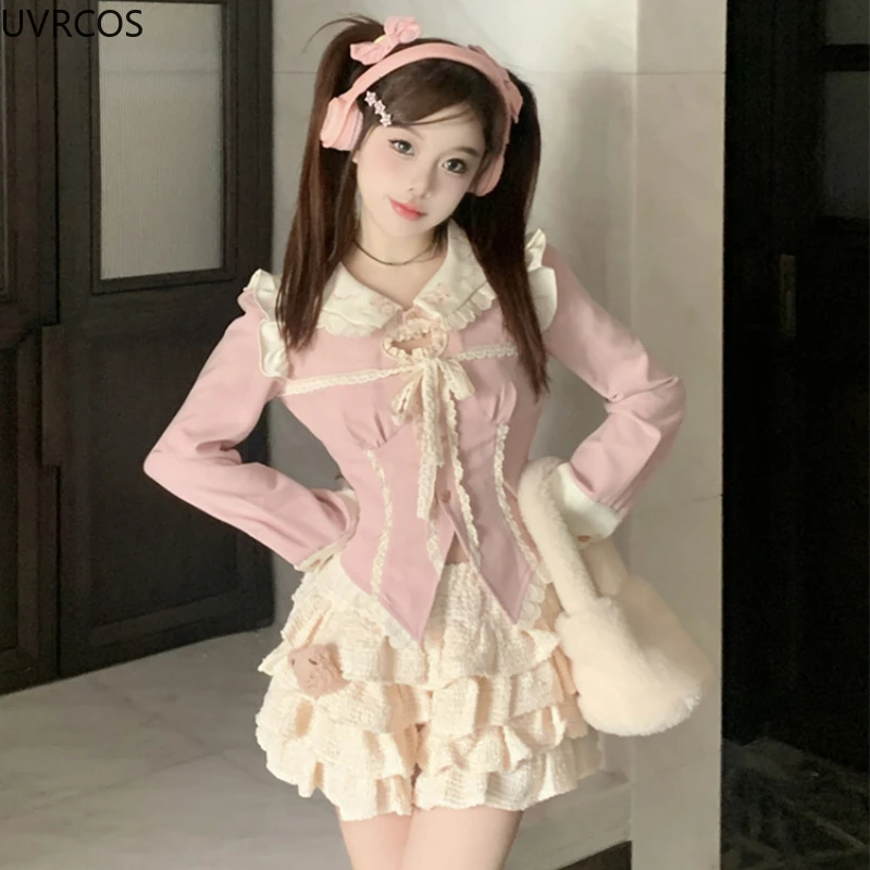 Pink Kawaii Lolita 2 Piiece Set donna dolce camicette a maniche lunghe carino Mini gonna a pieghe abito da sera in stile giapponese Lolita