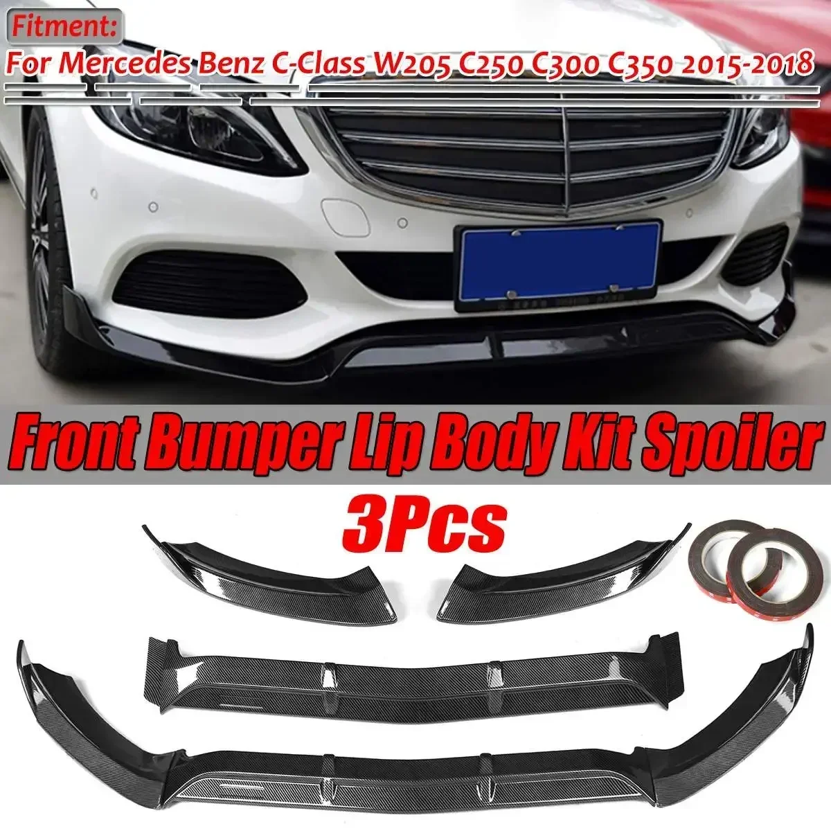 W205 3PCS Car Front Bumper Splitter Lip Spoiler Diffuser For Mercedes For Benz C-Class W205 C250 C300 C350 2015-2018 Body Kit