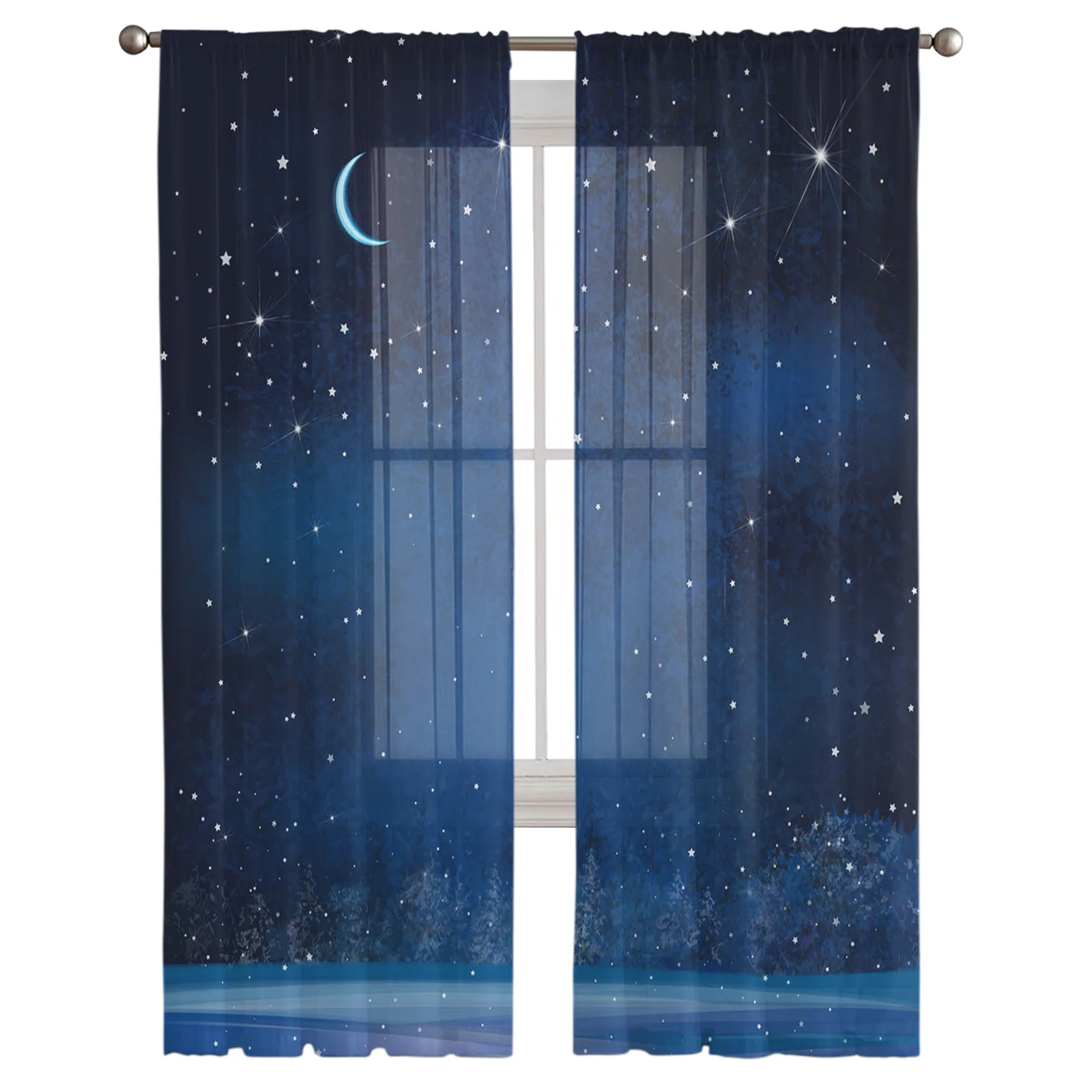 Starry Sky Moon Stars Beautiful Trees Tulle Curtains for Living Room Decoration Chiffon Sheer Voile Kitchen Bedroom Curtain