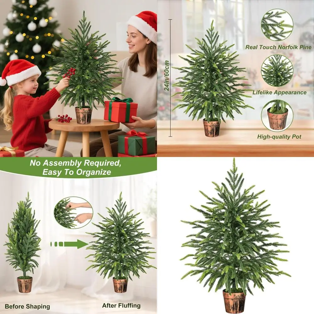 

Norfolk Pine Christmas Tree, 2 Feet Tall, Real Touch PE Branch Tips, Ideal for Indoor and Outdoor Holiday Decor, Perfect for Por
