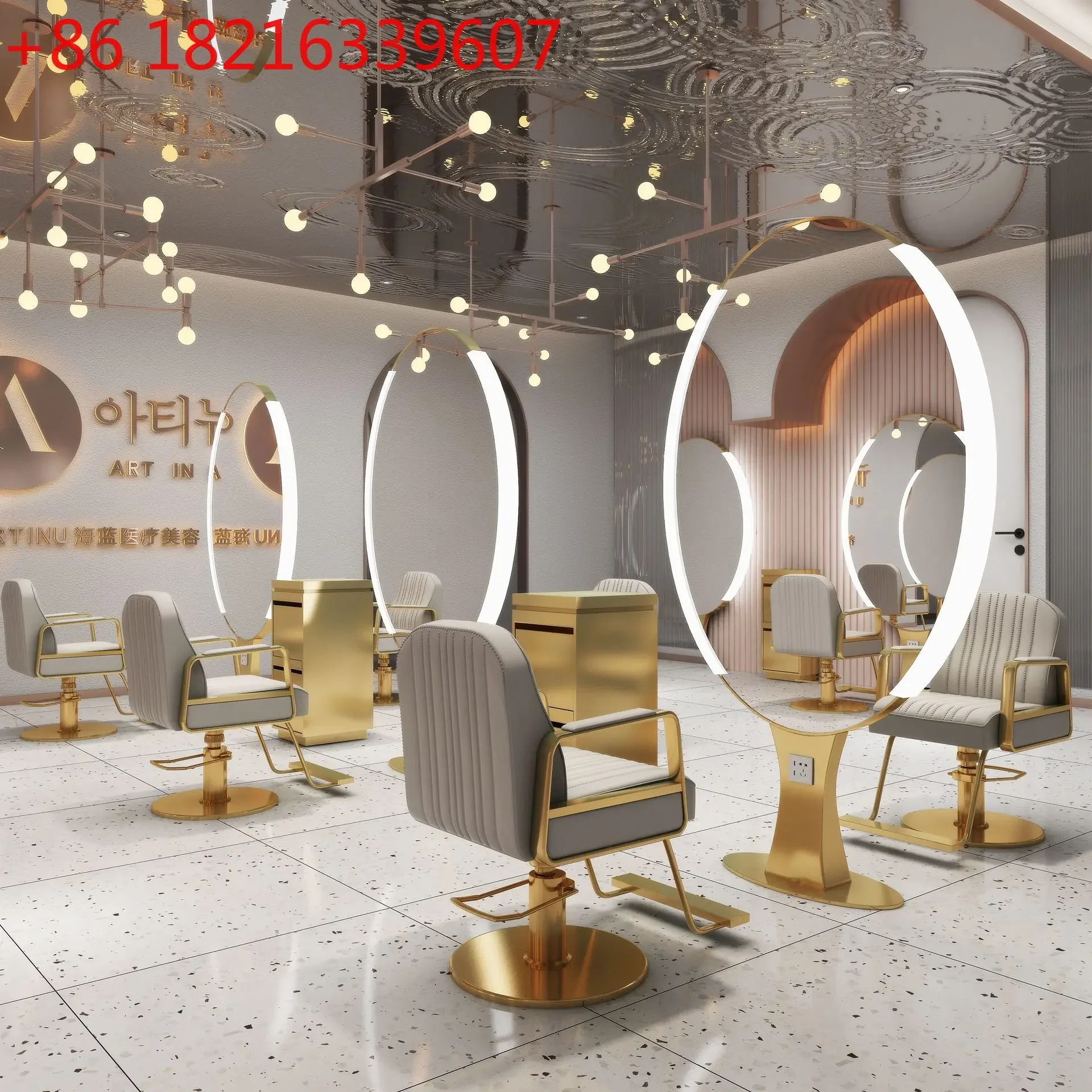 Special high definition stainless steel barber mirror with lamp single and double-sided mirror floor gold