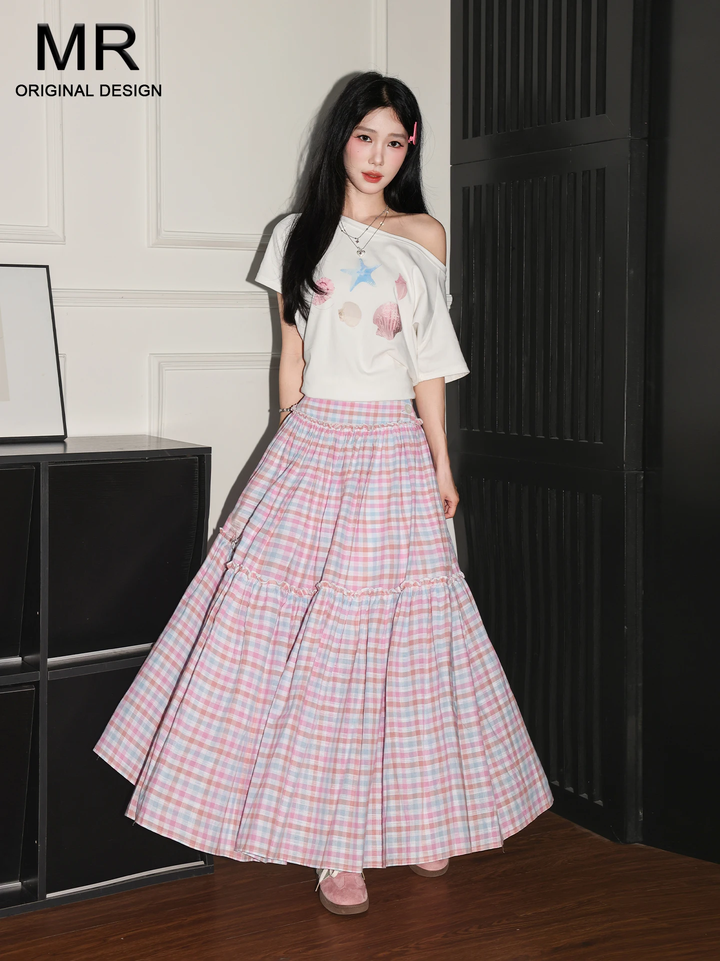 

Retro Plaid High Waist A-Line Skirt Women's Loose Slimming Summer Casual Full Skirt Long Skirt Casual Style Standard Fit