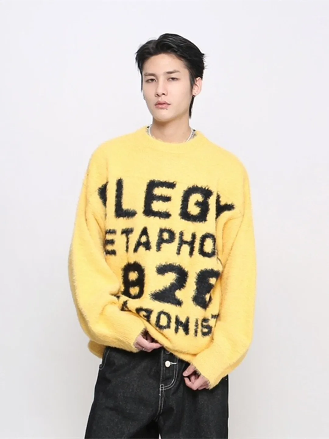 

American Retro Letter Embroidered Thiened Loose round Ne Knitted Sweater for Men And Women Casual Couple Wear