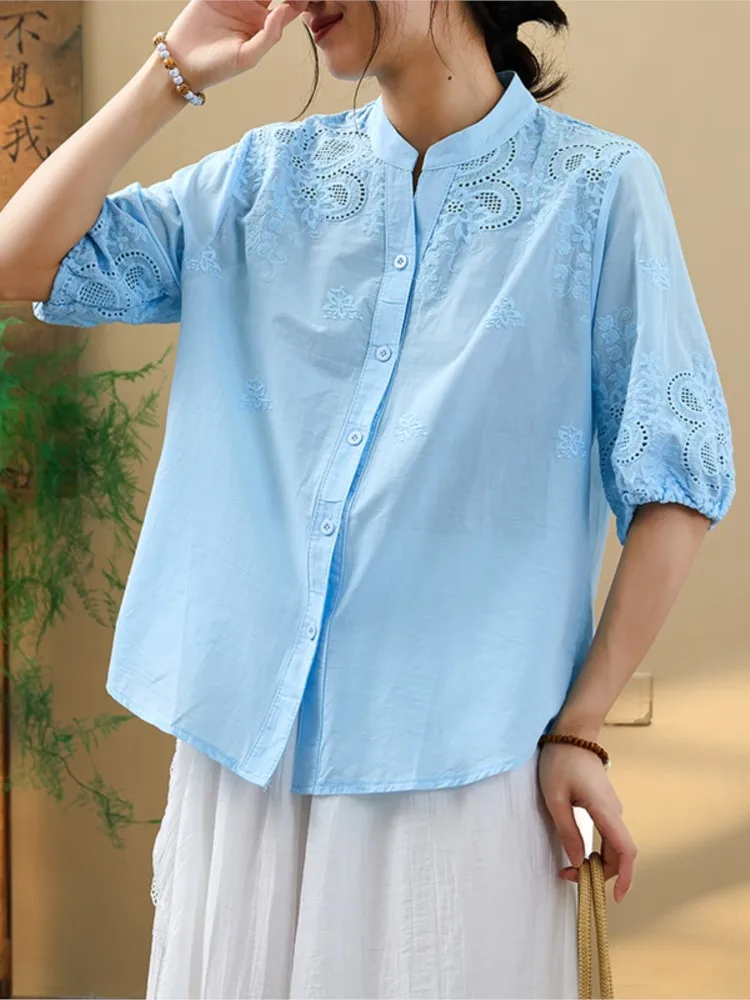 

Oversized Summer Shirts Women Floral Embroidery Hollow Out Fashion Patchwork Short Sleeve Ladies Blouses Loose Woman Shirt