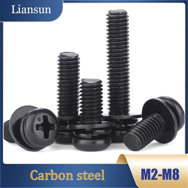 M2M2.5M3M4M5M6M8 Black Zinc-Plated Phillips Pan Head Three-Piece Combination Screws with Spring/Washers Flat-Head Bolt Screw Set