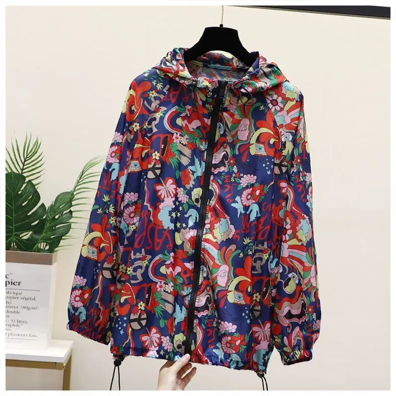 2023 Spring Printed Double Zipper Coat Women\'s Fashion Casual Thin Hooded Windbreaker Sun Protection Clothing