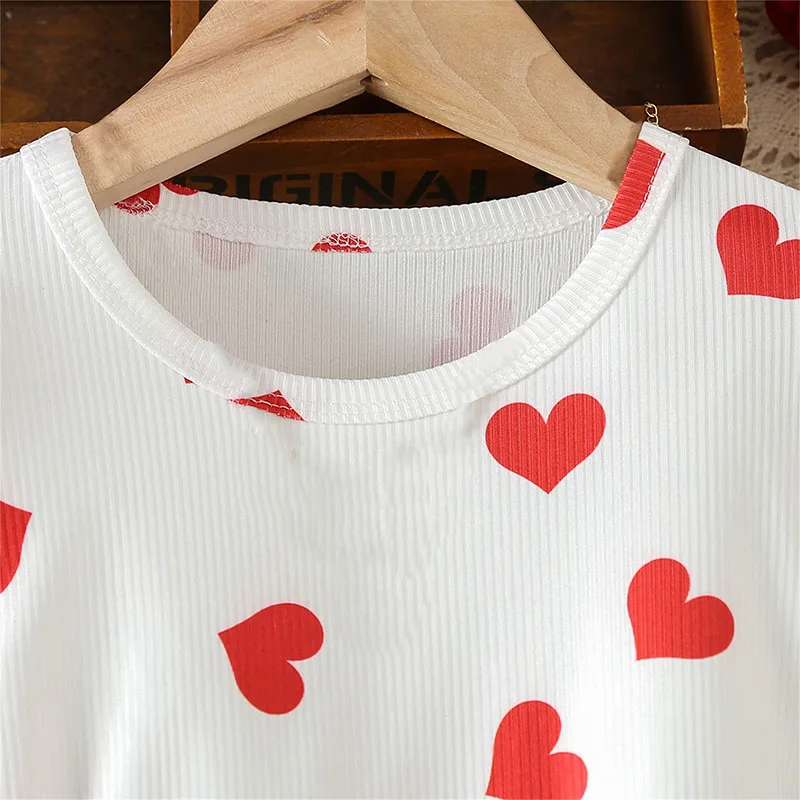 

Valentine s Day Outfit for Girls Long Sleeve Heart Print Top with Red Buttoned PU Leather Skirt Set - Adorable and Stylish