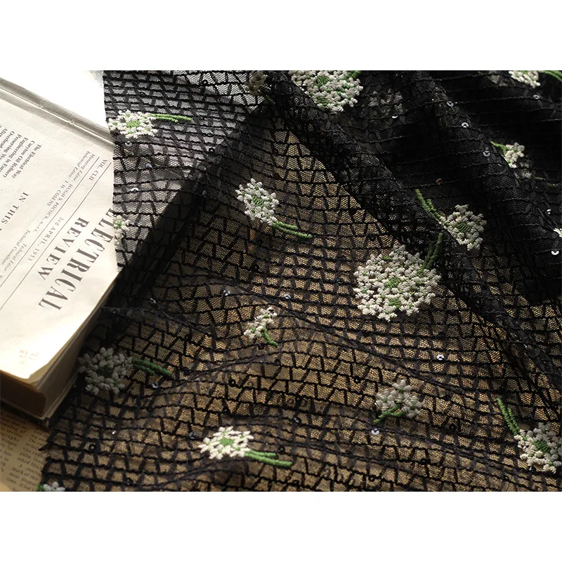 Elegant Dandelion Embroidered Mesh Fabric with Sequins for Summer Dressmaking By The Meter