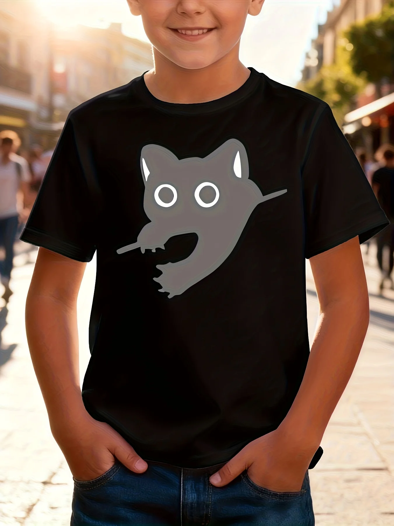 Kids  Cotton Tee Minimal Gray Sneaky Cat Peeking Through Hole Print Crew Neck Short Sleeve Cute Pet Casual Tops