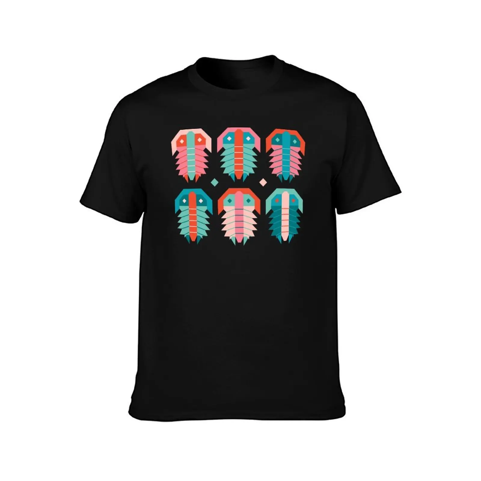 Geometric Trilobite Fossil Folk Art - Coral and Aqua T-Shirt, Summer Casual Cotton Tee, Oversized Streetwear Tops, 100% Cotton
