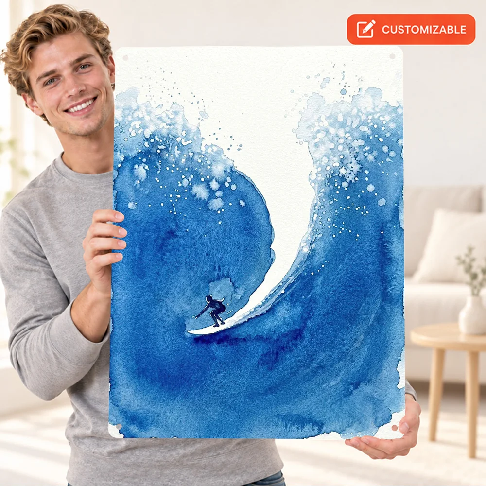 Surfer Riding A Blue Wave Surfing Aluminum Poster Customized Metal Sign Watercolor Style Wall Art For Beach House Birthday Gift