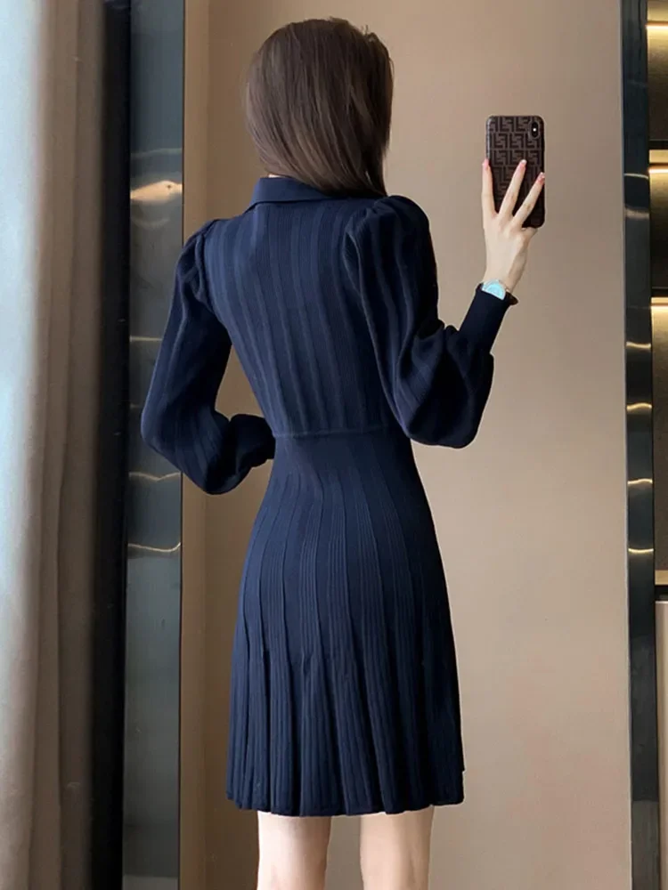 French Simple Fashion Solid Knitted Dress for Women Autumn New Lapel Lantern Sleeve Single-breasted Slim Pleated Sweater Dress