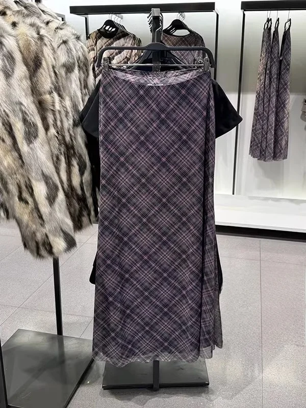 

Spring New Arrival High Waist Plaid Silk Me Midi Skirt Ele Versatile Women's Faion Retro Sle A-Line Skirt