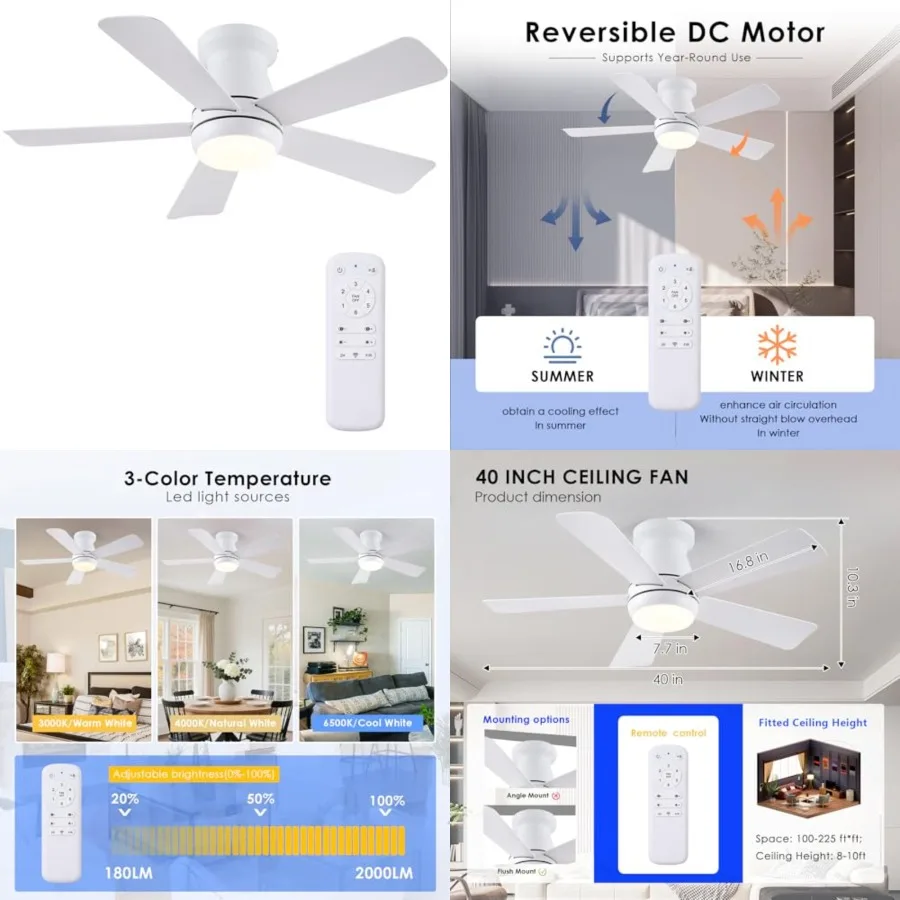 Ceiling Fan with Light and Remote, Low Profile Flush Mount Ceiling Fans, Quiet Reversible Motor, 3-Color Dimmable LED, Modern I