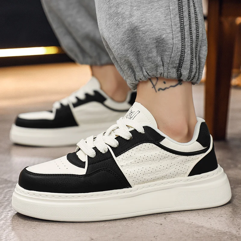 

Men's Black White Panda Style Platform Sneakers Breathable Thick Sole Height Increasing Casual Skateboard Shoes for Daily Wear