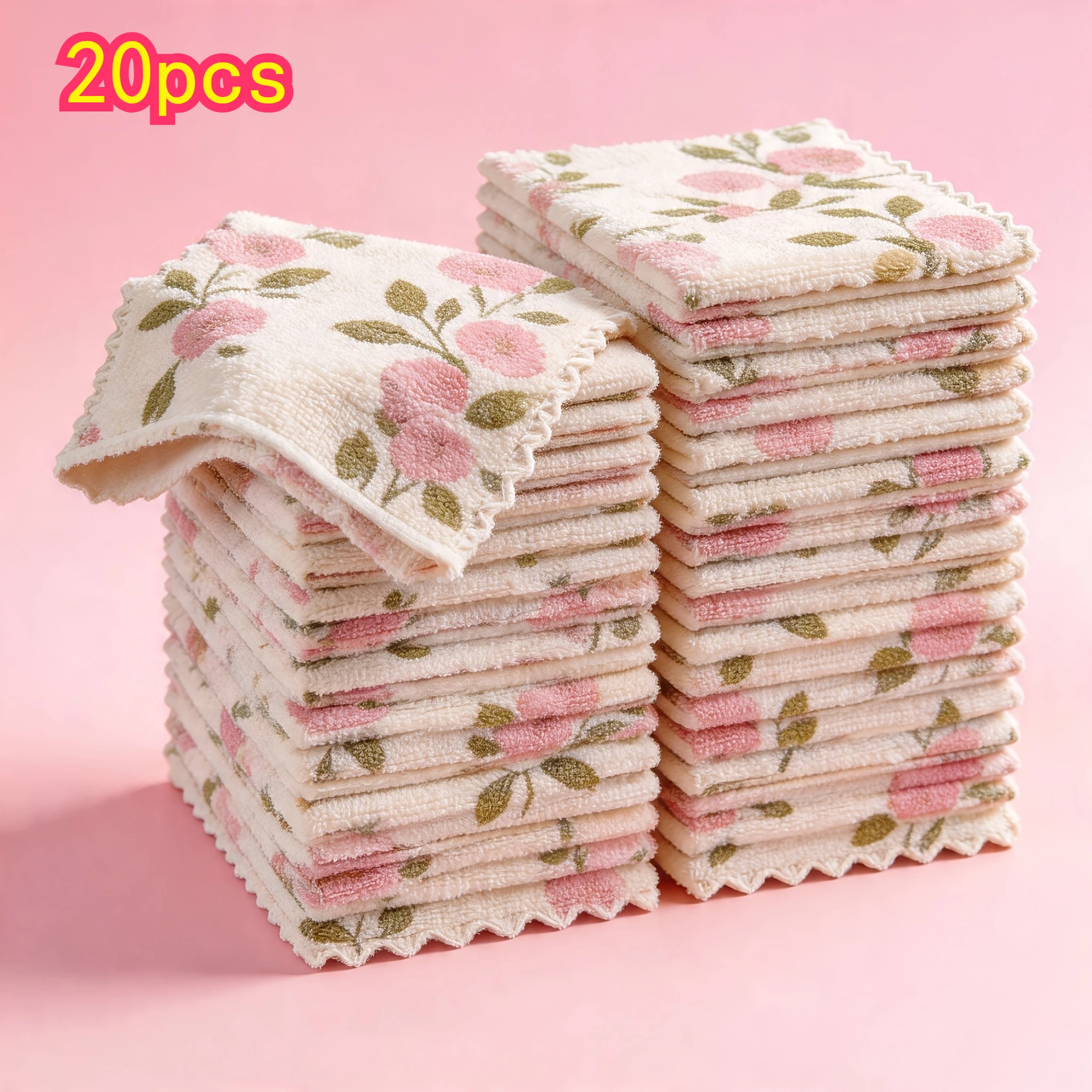 

20 Coral Fleece Cleaning Cloths, Multi-Purpose Reusable Wipes for Kitchen, Bathroom, Car Wash, Coral Pink with Gold Pattern