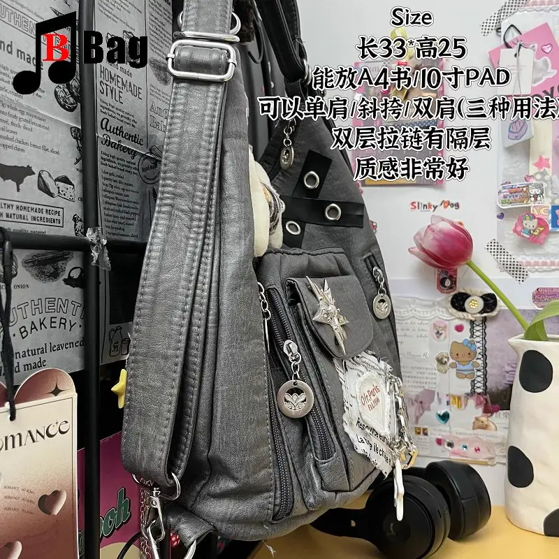 Y2K Gothic Women Lolita Spicy Girls Punk One Shoulder Handbags Harajuku Female Grade Grey Star Bone Soft Skin Underarm Bag Totes