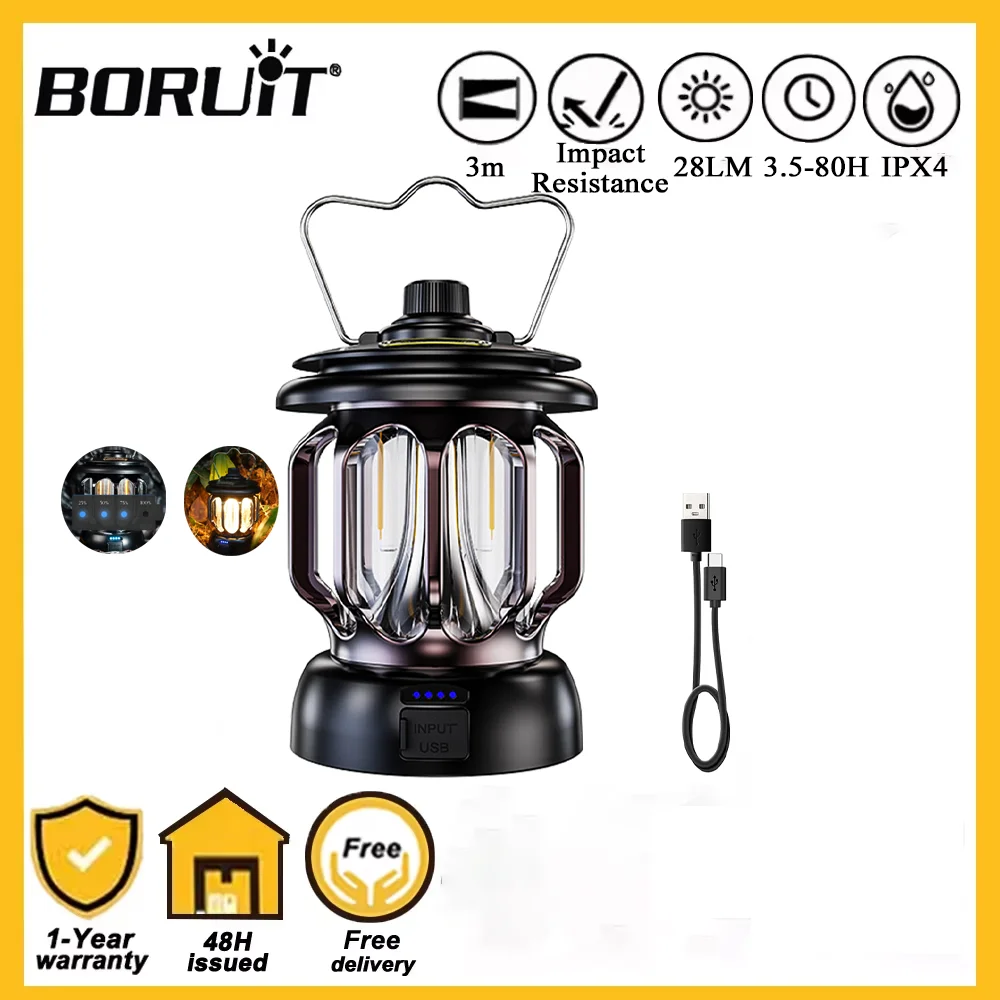 BORUiT Retro Portable Camping Lantern Type-C Rechargeable 1200mAh Power Bank Light Flickering Flame Hanging Waterproof Lamp