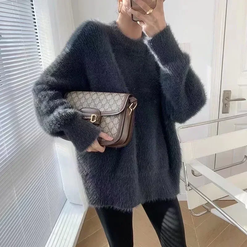 Mint Green Crewneck Imitation Mink Cashmere Sweater Women  Loose Korean Fashion Lazy Style Sweater High-grade Super Soft Jumper