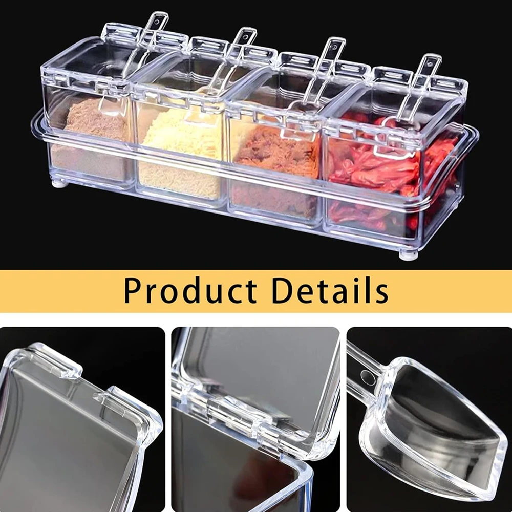 

4 Pieces Kitchen Clear Seasoning Box Storage Container Condiment Jars Acrylic Seasoning Box with Cover and Spoon