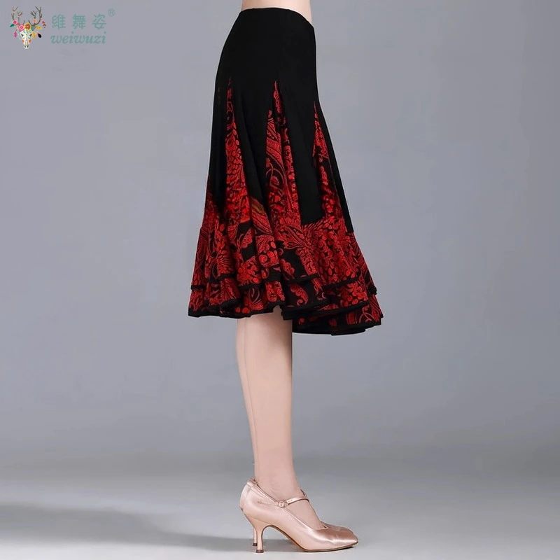Dame Moderne Schaukel Rock Walzer Ballroom Dance Praxis Rüschen Langen Rock Frauen Ballroom Dance Halb Rock Gedruckt Lange Kleider
