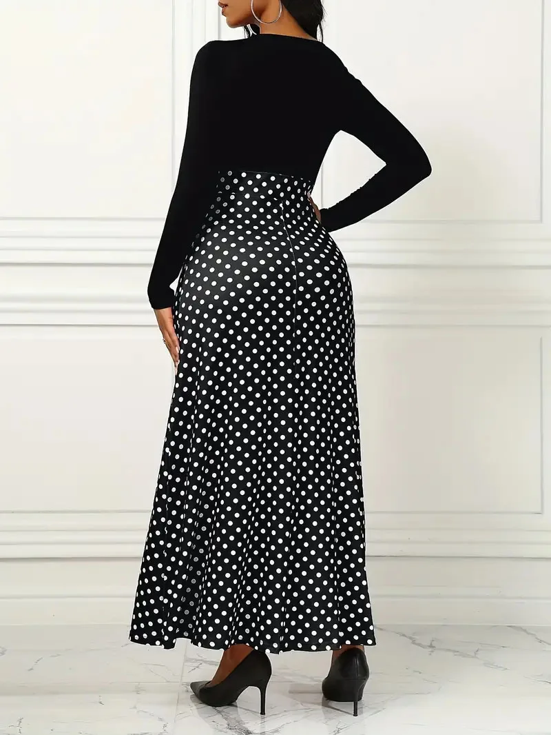 All-season Comfort Polka Dot Maxi Dress - High Waist Elegance, Fit & Flare Style, Durable Knit