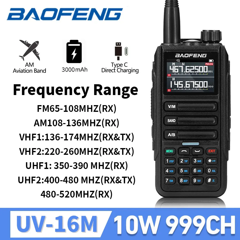 New 2024 Baofeng UV-16M Walkie-Talkie Mulit Band AM FM Waterproof Wireless Frequency Copy High Power Long Range Amateur Radio