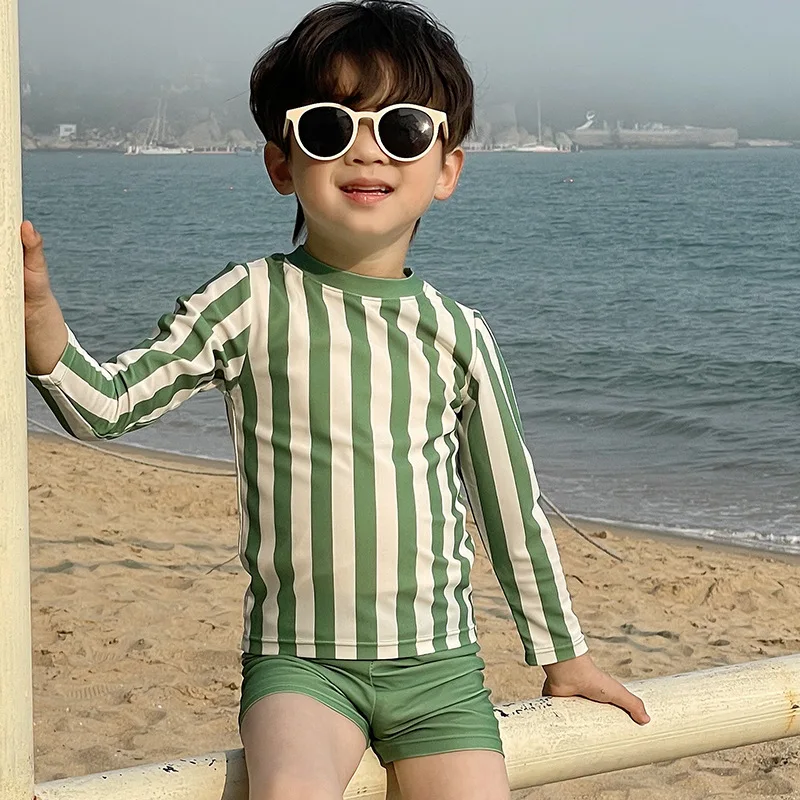

2026 New Summer Children's Handsome Long Sleeve Striped Sunscreen Split Leisure Beach Vacation Swimsuit Two Piece Set