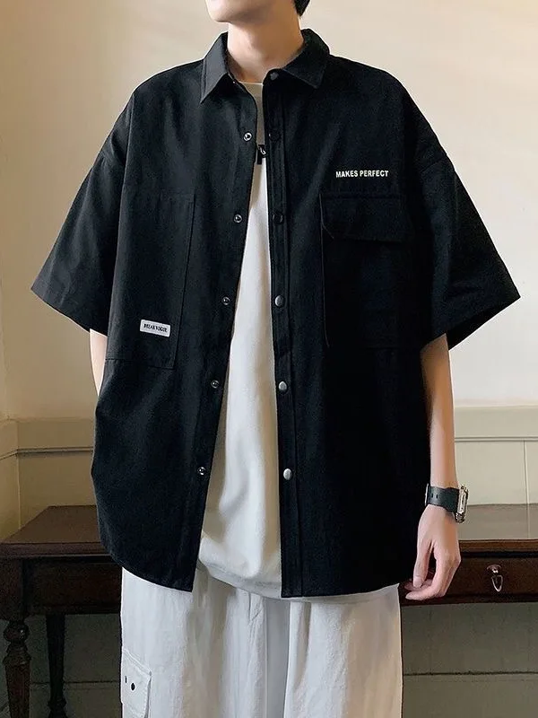 Summer Men's Short Sleeve Shirt American Retro Style Casual Fashion Outerwear Turn-down Collar Half Sleeve Workwear Jacket