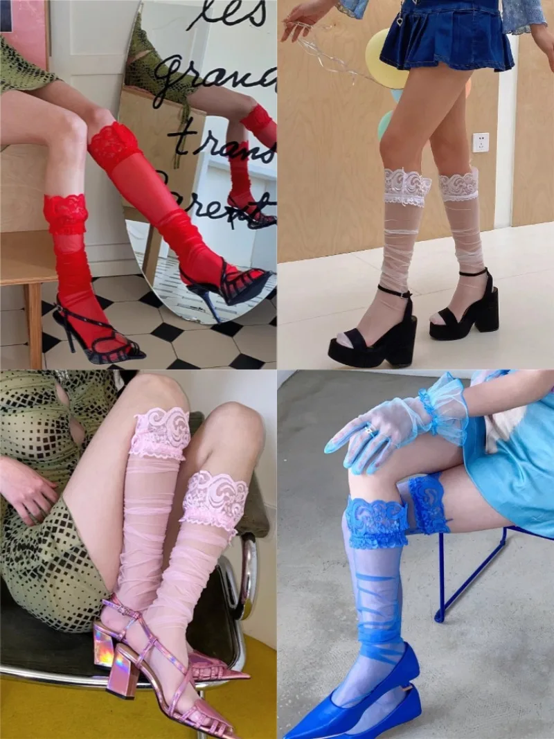 9Colors Knee High Socks Women Y2K Sweet Cool Sexy Lace Edge Sheer Stockings Summer Thin Transparent Long Pile-up Slouch Socks