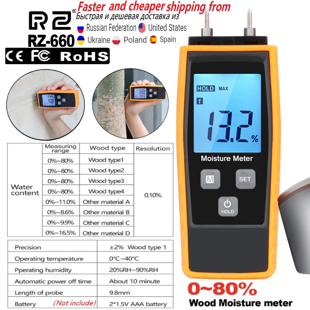 RZ660 0-80% Two Pins Digital Wood Moisture Meter Wood Humidity Tester Hygrometer Timber Damp Detector LCD Display Wood Working