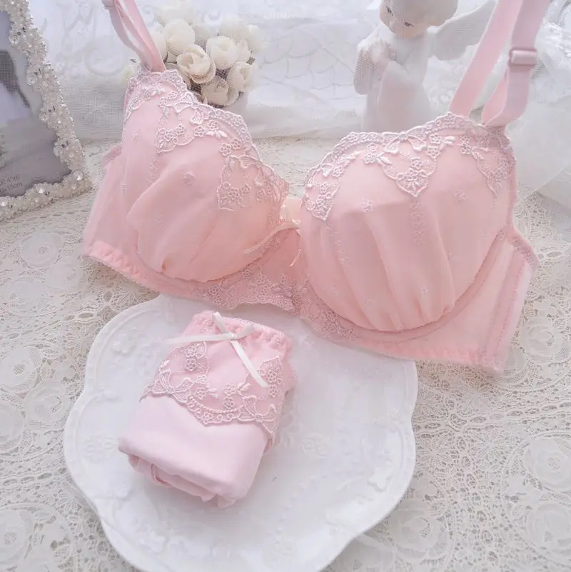 

Japanese Lolita 3-Color No Sponge Bra Set with Steel Ring & 3D Embroidery, Student Underwear
