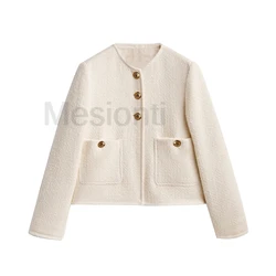 Women Jacket Fashion With Pockets Tweed Jacket Coat Vintage Long Sleeve Front Button Female Outerwear Chic Tops