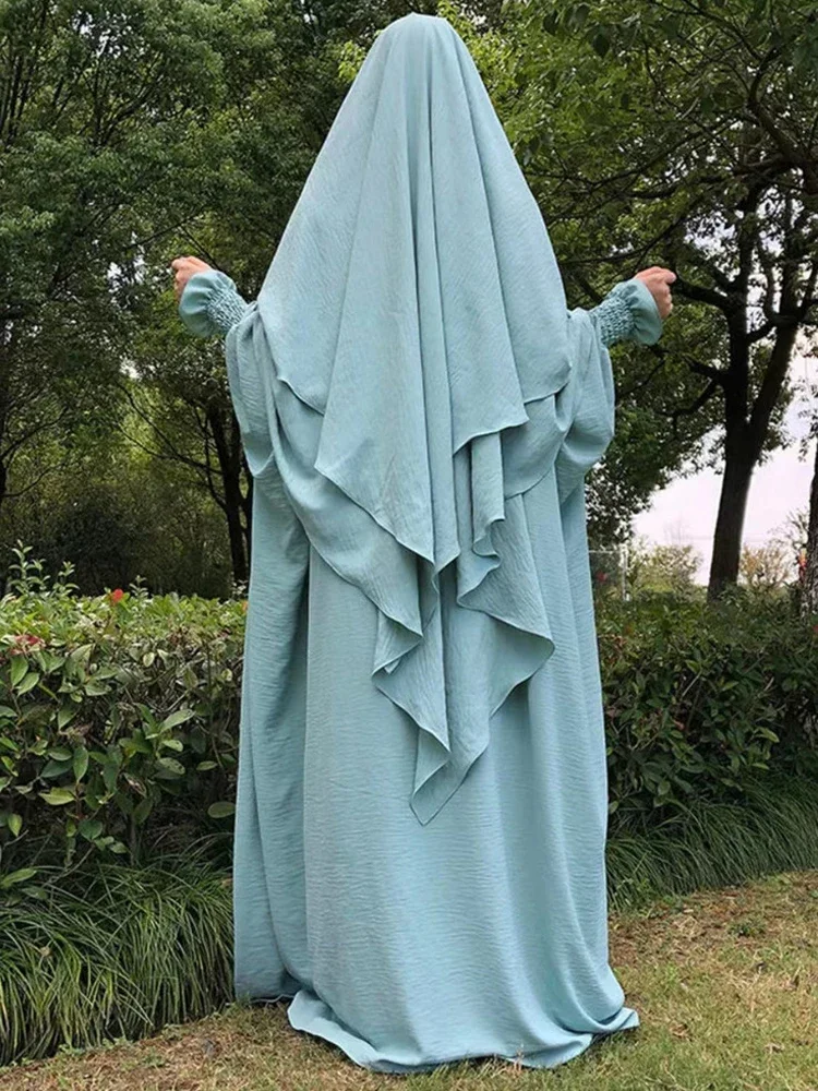 Jilbab Prayer Clothes Women Ramadan Islamic Jilbeb 2 Piece Set Dubai Turkish Modest Outfit Layered Khimar Scarf Hijab+Long Dress