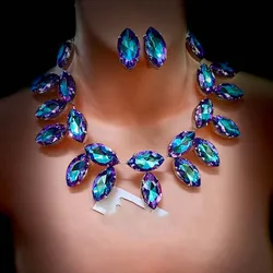 Stonefans Blue Purple Bridesmaids Set Jewelry Accessories Rhinetsone 3 Pieces Dubai Decoratons Fashion Earring Necklace Set Gift