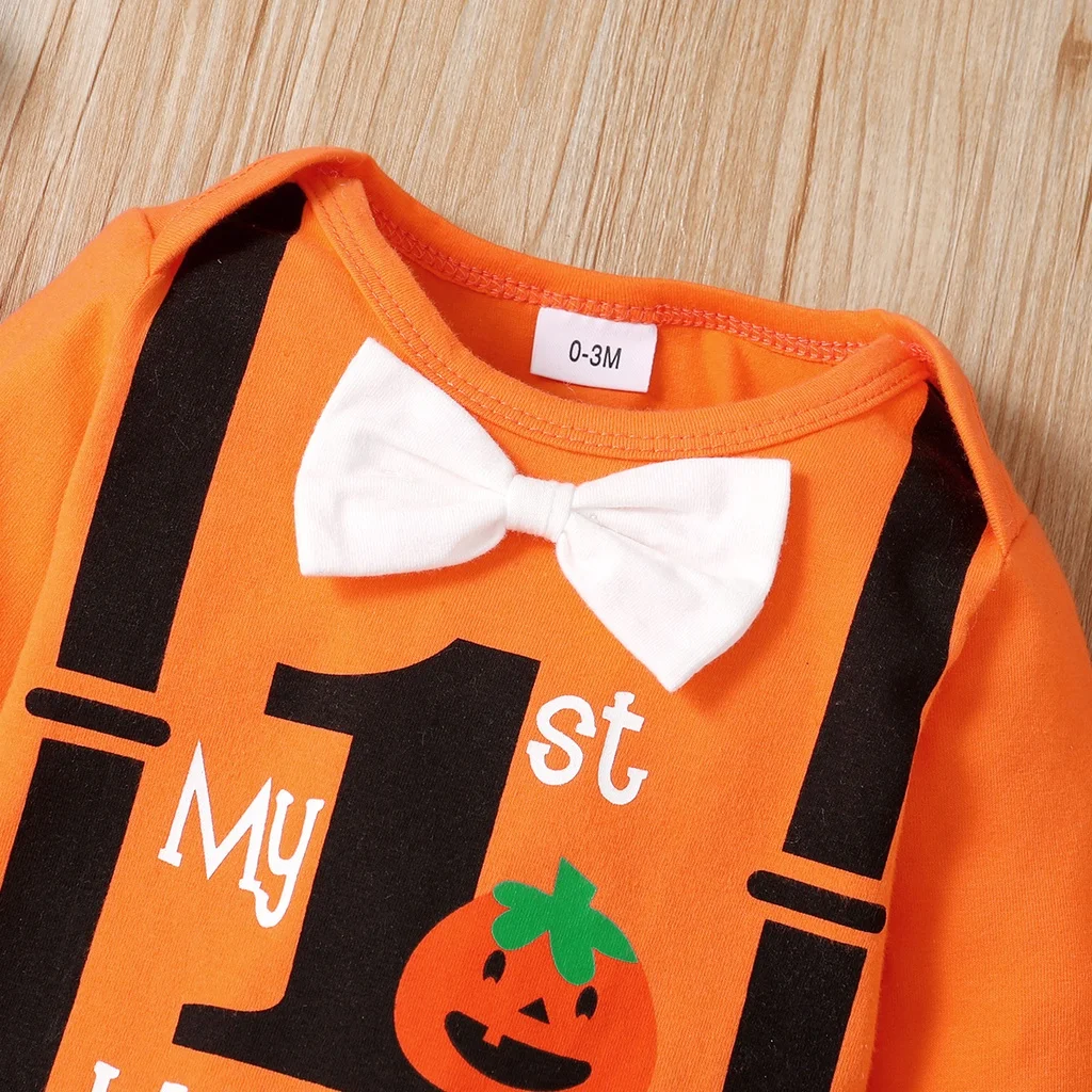 0-18 Months Newborn Baby Boy First Halloween Clothing Set Pumpkin Bow Tie Long Sleeved Bodysuit+Pants+Hat Holiday Style Outfits