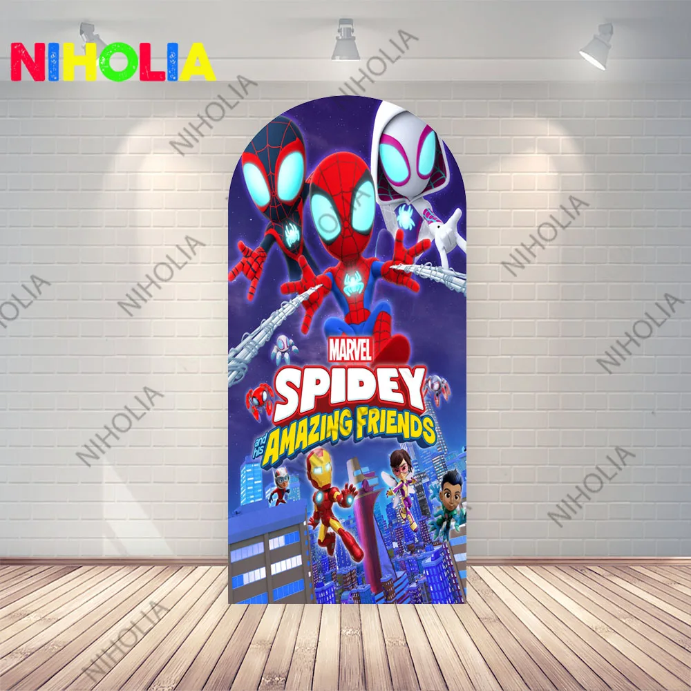 Spiderman dessin animé arc couvre Photo toile de fond bébé douche Photo fond garçons fête d'anniversaire double face tissu Photo stand accessoire