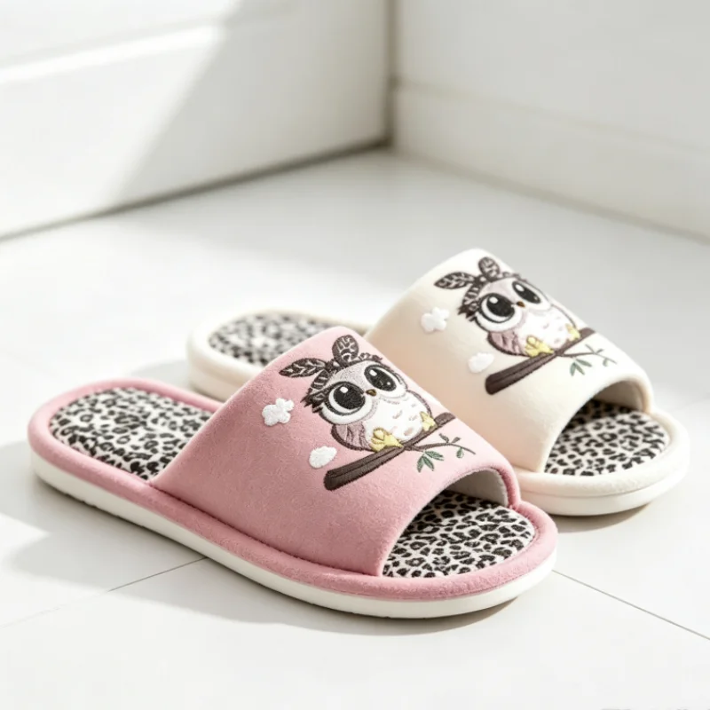 2026 Four Season Cute Cartoon Owl Slippers Women Indoor Casual Home Cotton Slippers Men Cartoon Breathable Anti-Slip Sandals