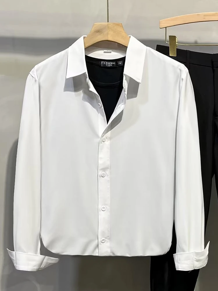 

Long Sleeve Ice Silk White Casual Shirt Men's Spring Summer Thin Cool Feeling No Ironing Pure Color Youth Popular Standard Fit