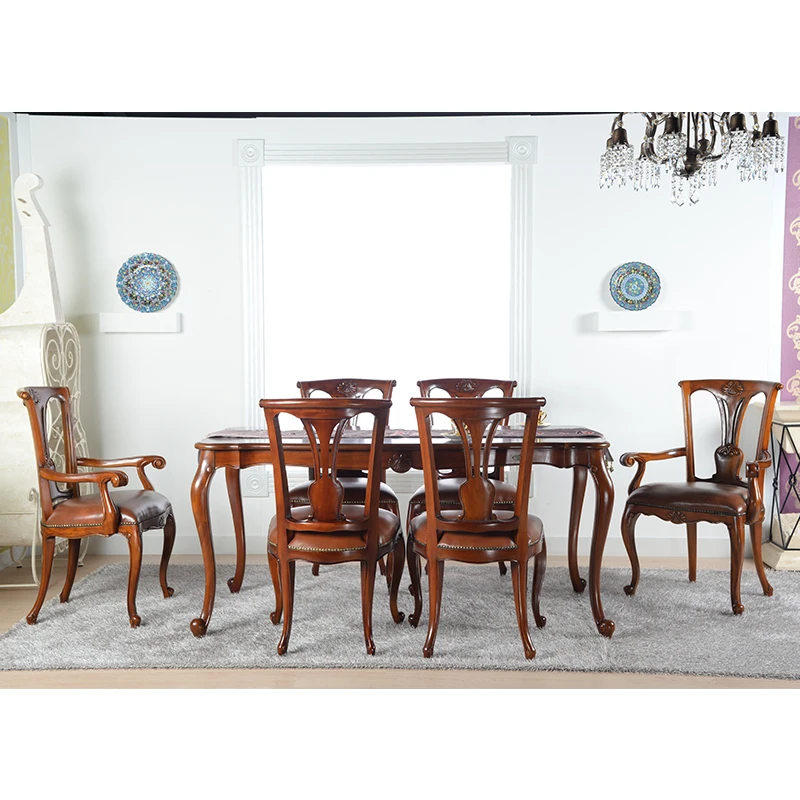 European Eating Dining Table and Chairs Mahogany Solid Wood Carving American Dining Table and Chairs Dining Room Furniture