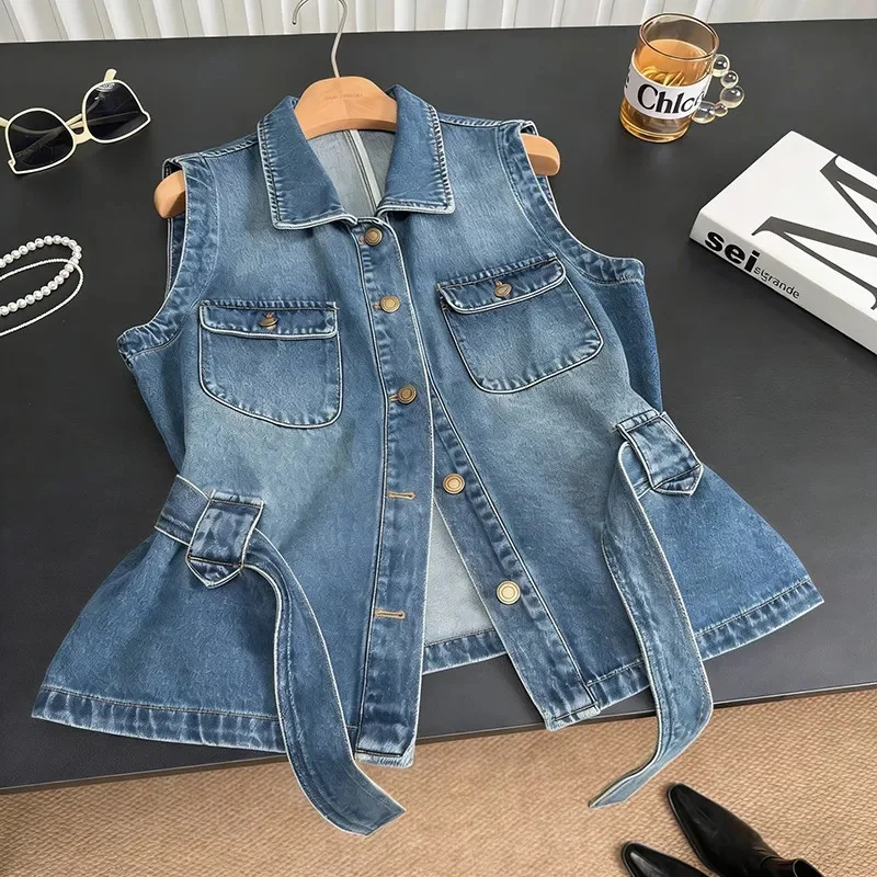 Retro Trendy Strap Belt Denim Vest Coat Women's Denim Jacket Top New 2026 Spring Autumn Casual Lapel Collar Jeans Outwear