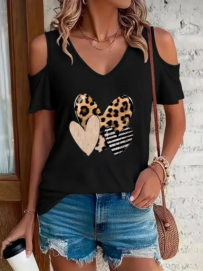 Fashion Love Heart Leopard Print Off-Shoulder T-shirt Short Sleeve Graphic V Neck T Shirt Casual Summer Women's Clothing Shirt
